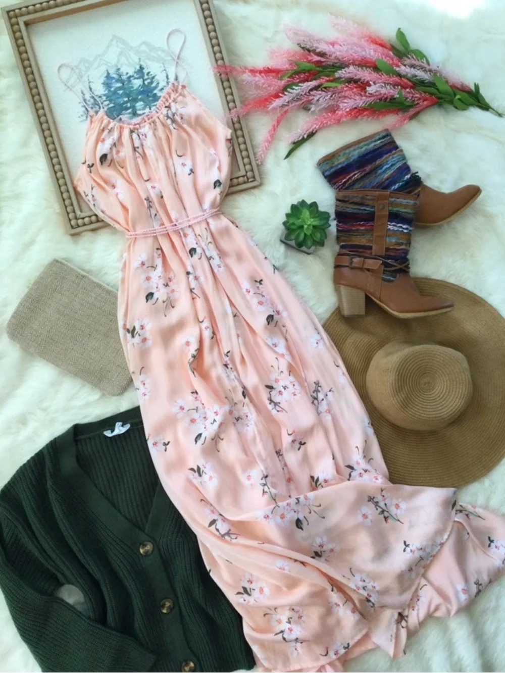 XS/S Abercrombie & Fitch Peach Floral Gecko Lizard Maxi Dress Western Boho
